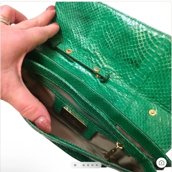Cole Haan Emerald Green Snakeskin Embossed Leather Buckle Clutch - Picture 2 of 5